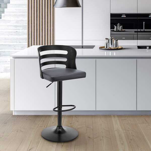 Armen Living Khalia Adjustable Swivel Gray Faux Leather and Black Wood Bar Stool with Black Base - LCKHBABLGR