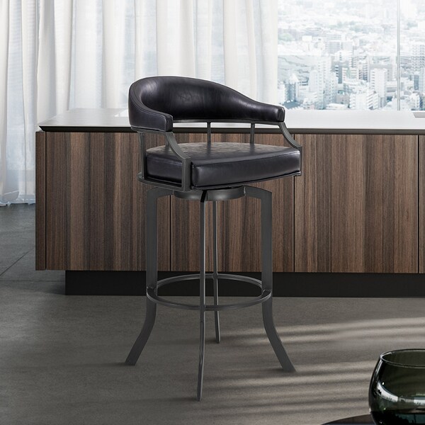 Armen Living Pharaoh Swivel 30" Mineral Finish and Black Faux Leather Bar Stool - 721535743346