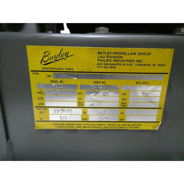 Bayley 3PH 3/4HP 208-230/460V-AC CENTRIFUGAL BLOWER - F60D