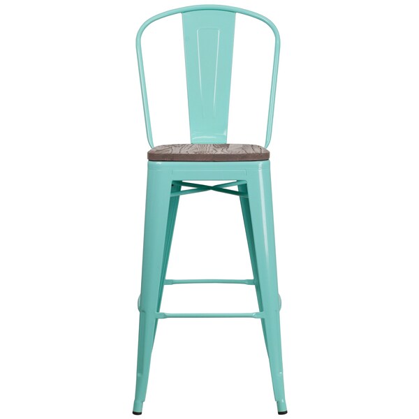 Flash Furniture Mint Green Metal Barstool with Back and Wood Seat, 30" High, PK4 - 4-ET-3534-30-MINT-WD-GG