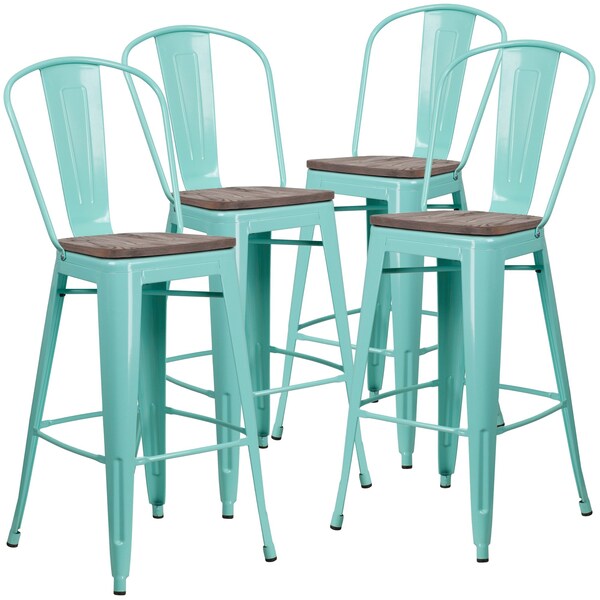 Flash Furniture Mint Green Metal Barstool with Back and Wood Seat, 30" High, PK4 - 4-ET-3534-30-MINT-WD-GG