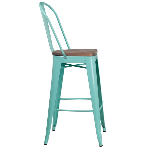 Flash Furniture Mint Green Metal Barstool with Back and Wood Seat, 30" High, PK4 - 4-ET-3534-30-MINT-WD-GG