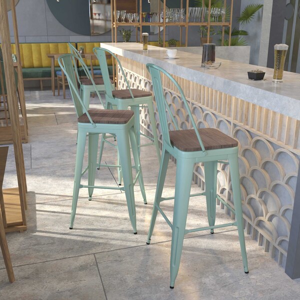 Flash Furniture Mint Green Metal Barstool with Back and Wood Seat, 30" High, PK4 - 4-ET-3534-30-MINT-WD-GG
