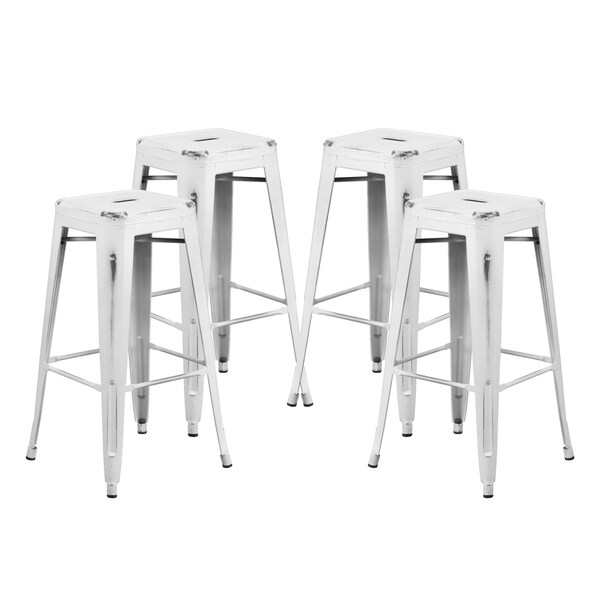 Flash Furniture 4PK 30"H Backless Distressed White Metal Barstool - 4-ET-BT3503-30-WH-GG