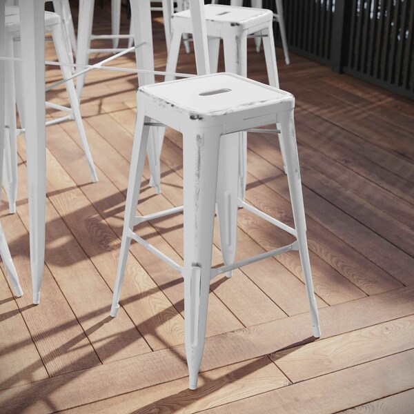 Flash Furniture 4PK 30"H Backless Distressed White Metal Barstool - 4-ET-BT3503-30-WH-GG