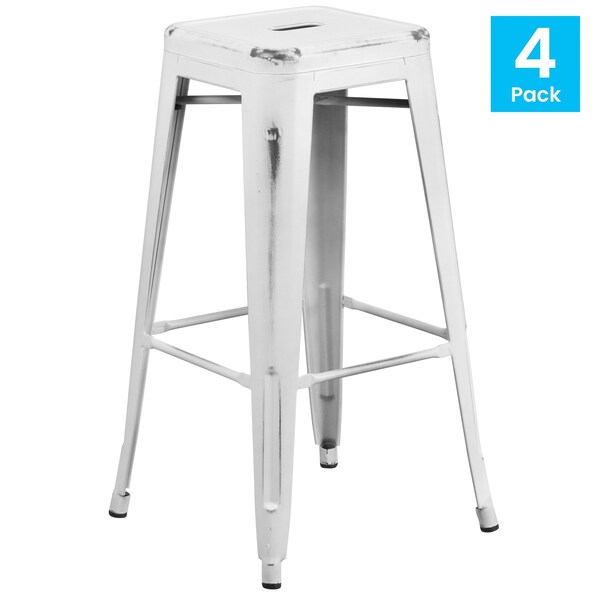 Flash Furniture 4PK 30"H Backless Distressed White Metal Barstool - 4-ET-BT3503-30-WH-GG