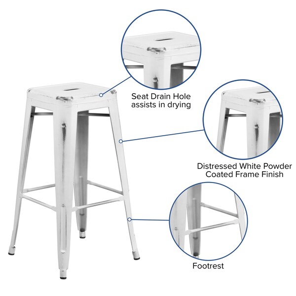 Flash Furniture 4PK 30"H Backless Distressed White Metal Barstool - 4-ET-BT3503-30-WH-GG