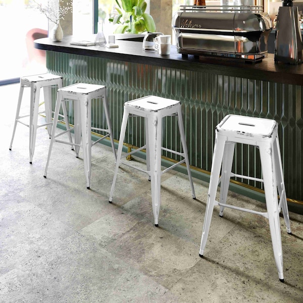 Flash Furniture 4PK 30"H Backless Distressed White Metal Barstool - 4-ET-BT3503-30-WH-GG
