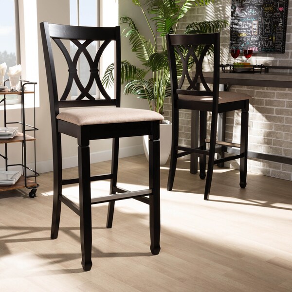 Baxton Studio Calista Sand Upholstered and Espresso Wood 2-Piece Bar Stool Set - 167-10853