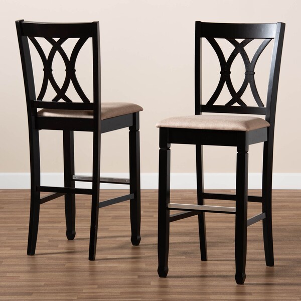 Baxton Studio Calista Sand Upholstered and Espresso Wood 2-Piece Bar Stool Set - 167-10853