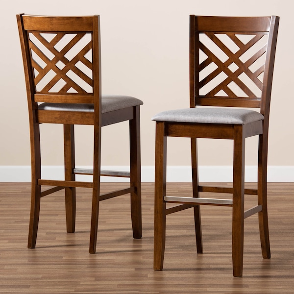 Baxton Studio Jason Grey Upholstered and Walnut Wood 2-Piece Bar Stool Set - 167-10852