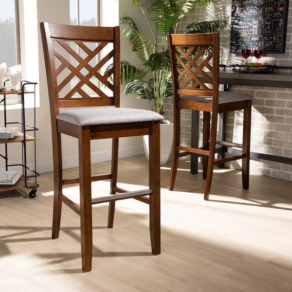 Baxton Studio Jason Grey Upholstered and Walnut Wood 2-Piece Bar Stool Set - 167-10852