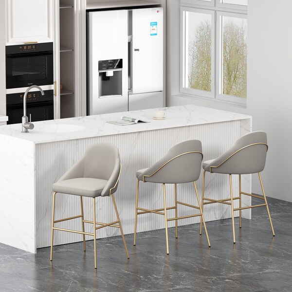 Manhattan Comfort Gracie Barstool in Stone and Gold - Set of 3 - 3-BS022-GST