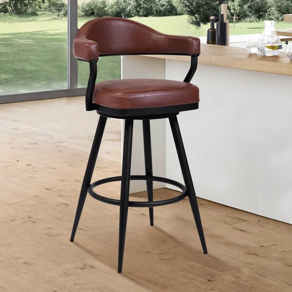 Armen Living Amador 30" Bar Height Barstool in a Black Powder Coated Finish and Vintage Coffee Faux Leather - 721535746996