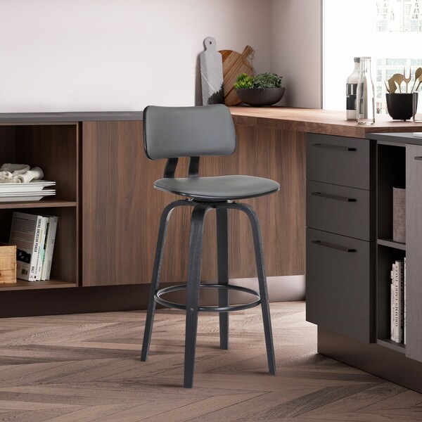 Armen Living Pico 30" Swivel Black Wood Bar Stool in Gray Faux Leather with Black Metal - LCPIBABLKGRY30