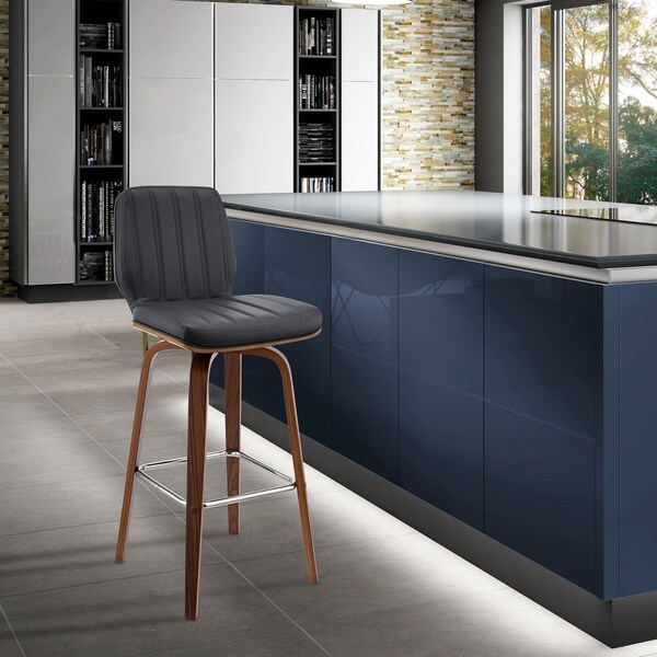 Armen Living Renee 30" Swivel Gray Faux Leather and Walnut Wood Bar Stool - LCRNBAWAGR30