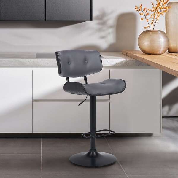 Armen Living Brooklyn Adjustable Swivel Gray Faux Leather and Black Wood Bar Stool with Black Base - LCBRBABLGR