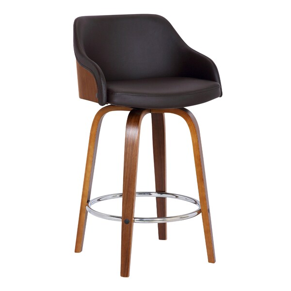 Armen Living Alec 30" Bar Height Swivel Brown Faux Leather and Walnut Wood Bar Stool - LCAEBAWABR30