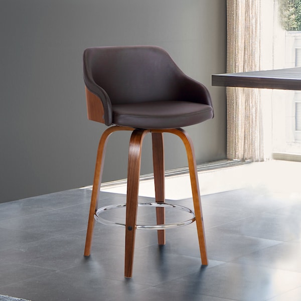 Armen Living Alec 30" Bar Height Swivel Brown Faux Leather and Walnut Wood Bar Stool - LCAEBAWABR30