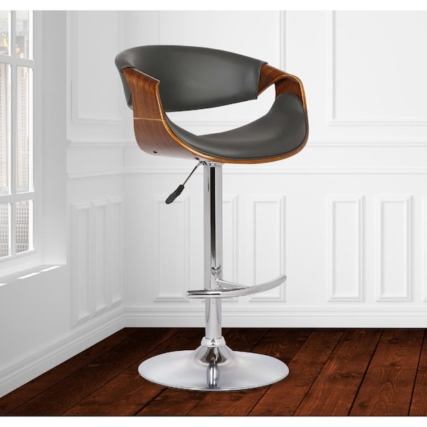 Armen Living Butterfly Adjustable Swivel Barstool in Gray Faux Leather with Chrome Walnut Wood - LCBUBAWAGRAY