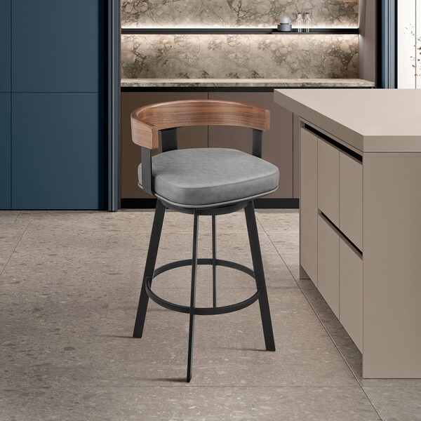 Armen Living Idris 30in Swivel Bar Stool in Black Iron with Walnut Finish and Vintage Gray Faux Leather - LCIDBAGRYWA30