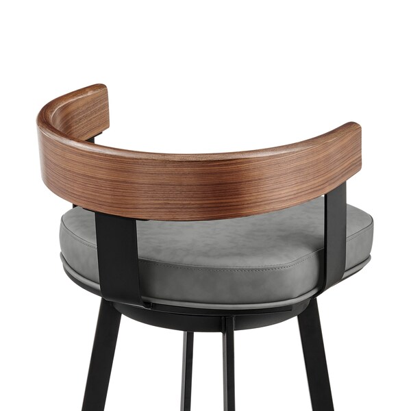 Armen Living Idris 30in Swivel Bar Stool in Black Iron with Walnut Finish and Vintage Gray Faux Leather - LCIDBAGRYWA30