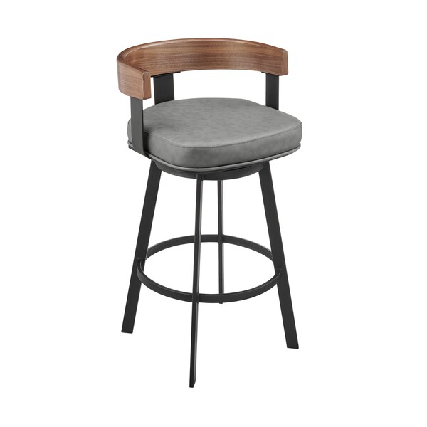 Armen Living Idris 30in Swivel Bar Stool in Black Iron with Walnut Finish and Vintage Gray Faux Leather - LCIDBAGRYWA30