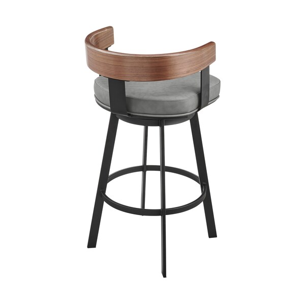 Armen Living Idris 30in Swivel Bar Stool in Black Iron with Walnut Finish and Vintage Gray Faux Leather - LCIDBAGRYWA30