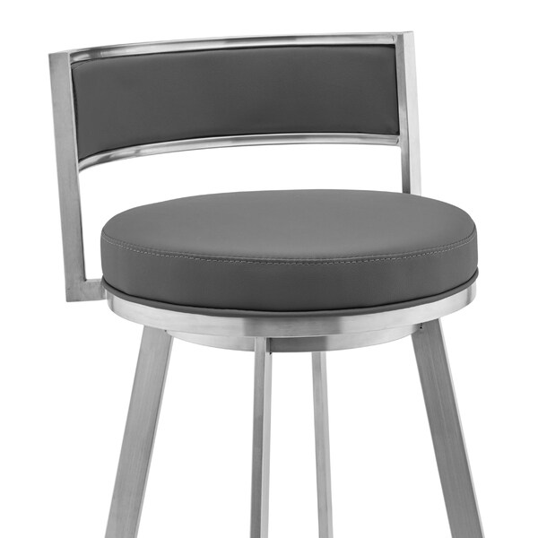 Armen Living Roman 26" Gray Faux Leather and Brushed Stainless Steel Swivel Bar Stool - LCRMBABSGR26
