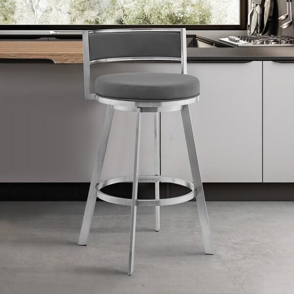 Armen Living Roman 26" Gray Faux Leather and Brushed Stainless Steel Swivel Bar Stool - LCRMBABSGR26