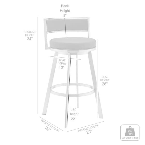 Armen Living Roman 26" Gray Faux Leather and Brushed Stainless Steel Swivel Bar Stool - LCRMBABSGR26