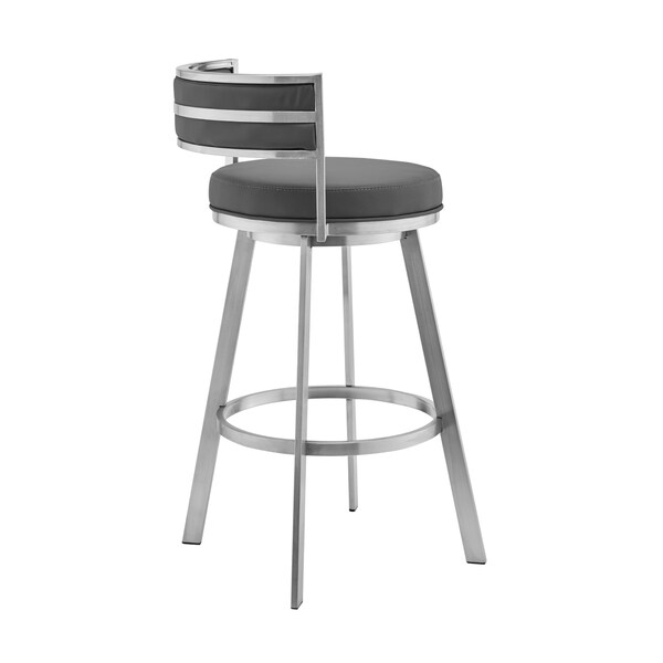 Armen Living Roman 26" Gray Faux Leather and Brushed Stainless Steel Swivel Bar Stool - LCRMBABSGR26