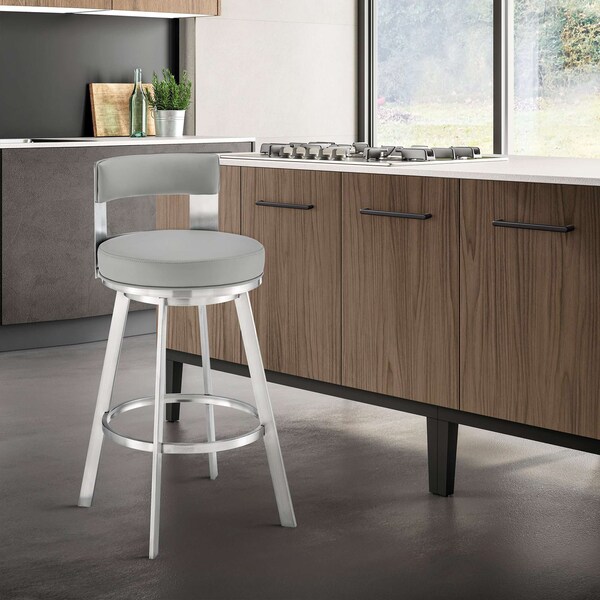 Armen Living Flynn 30in Swivel Bar Stool in Brushed Stainless Steel with Light Gray Faux Leather - LCFLBABSLGRY30