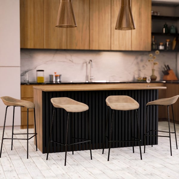 Leisuremod Servos Barstool with Upholstered Faux Leather Seat and Powder Coated Iron Frame, Sand Brown - SSBL-18LBR