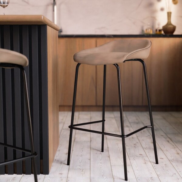 Leisuremod Servos Barstool with Upholstered Faux Leather Seat and Powder Coated Iron Frame, Sand Brown - SSBL-18LBR