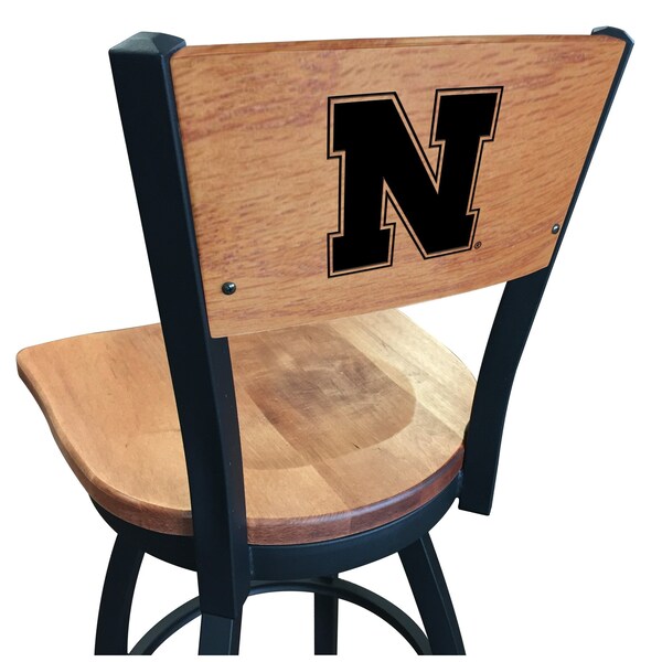 Holland Bar Stool Co 25" Blk Wrinkle Nebraska Swivel Bar Stool, Laser Engraved Back - L03825BWMEDMPLANEBRUNMEDMPL