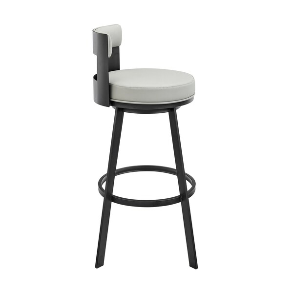 Armen Living Lynof Swivel Bar Stool in Black Metal with Light Gray Faux Leather - 840254335493