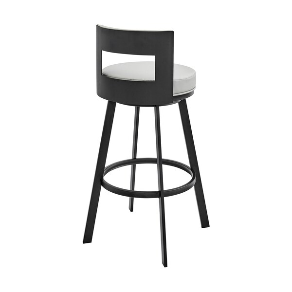 Armen Living Lynof Swivel Bar Stool in Black Metal with Light Gray Faux Leather - 840254335493