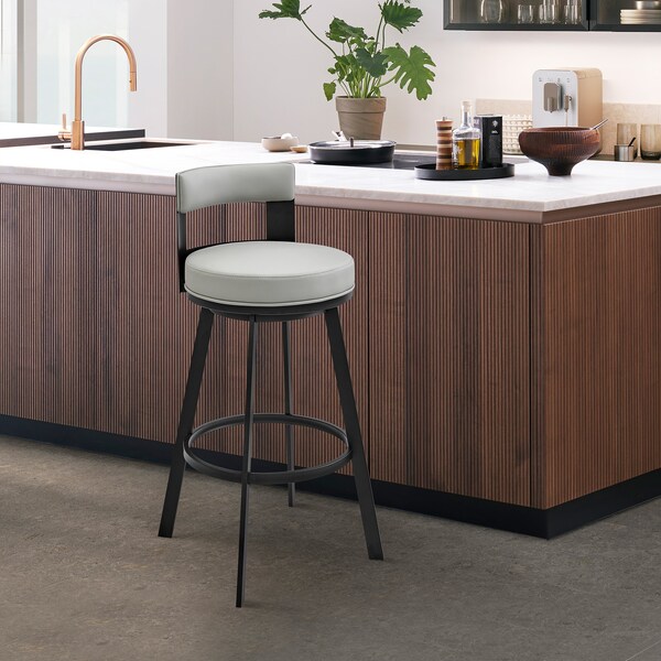 Armen Living Lynof Swivel Bar Stool in Black Metal with Light Gray Faux Leather - 840254335493