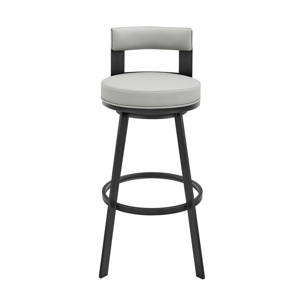 Armen Living Lynof Swivel Bar Stool in Black Metal with Light Gray Faux Leather - 840254335493
