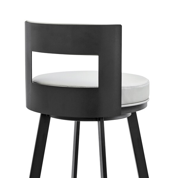 Armen Living Lynof Swivel Bar Stool in Black Metal with Light Gray Faux Leather - 840254335493