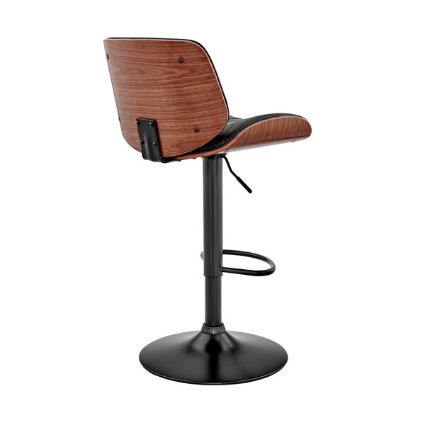 Armen Living Brock Adjustable Black Faux Leather and Walnut Wood Bar Stool with Black Base - LCBCBAWABLBL
