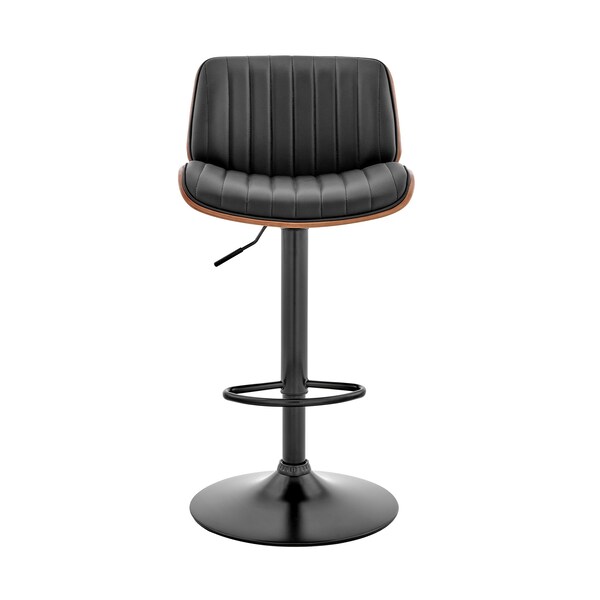 Armen Living Brock Adjustable Black Faux Leather and Walnut Wood Bar Stool with Black Base - LCBCBAWABLBL