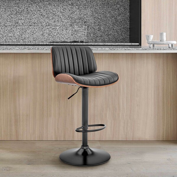 Armen Living Brock Adjustable Black Faux Leather and Walnut Wood Bar Stool with Black Base - LCBCBAWABLBL