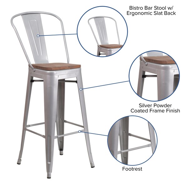 Flash Furniture Silver Metal Barstool with Back and Wood Seat, 30" High, PK4 - 4-CH-31320-30GB-SIL-WD-GG
