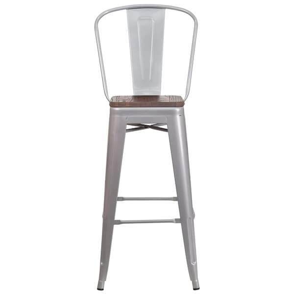 Flash Furniture Silver Metal Barstool with Back and Wood Seat, 30" High, PK4 - 4-CH-31320-30GB-SIL-WD-GG