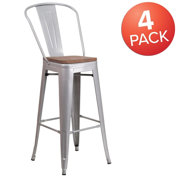 Flash Furniture Silver Metal Barstool with Back and Wood Seat, 30" High, PK4 - 4-CH-31320-30GB-SIL-WD-GG