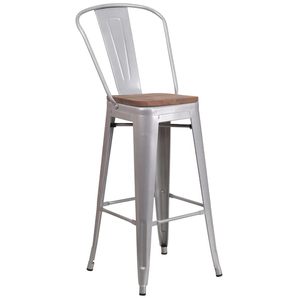Flash Furniture Silver Metal Barstool with Back and Wood Seat, 30" High, PK4 - 4-CH-31320-30GB-SIL-WD-GG