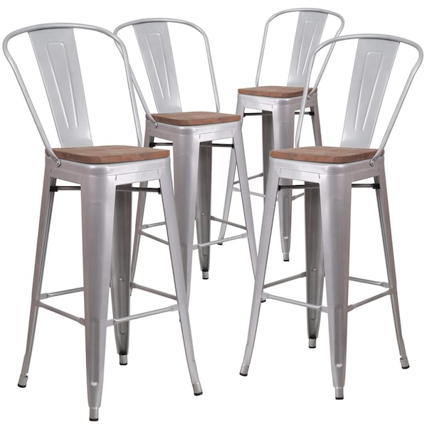 Flash Furniture Silver Metal Barstool with Back and Wood Seat, 30" High, PK4 - 4-CH-31320-30GB-SIL-WD-GG