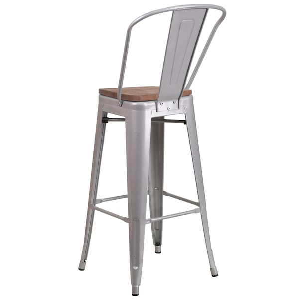 Flash Furniture Silver Metal Barstool with Back and Wood Seat, 30" High, PK4 - 4-CH-31320-30GB-SIL-WD-GG